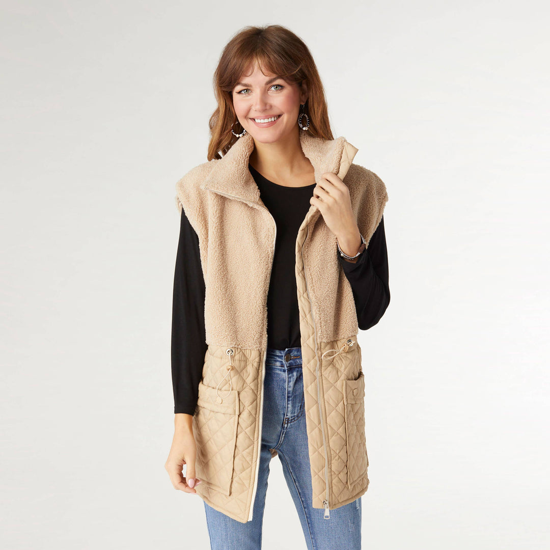 Tipper Mixed Sherpa Quilted Nylon Vest: Khaki / XS