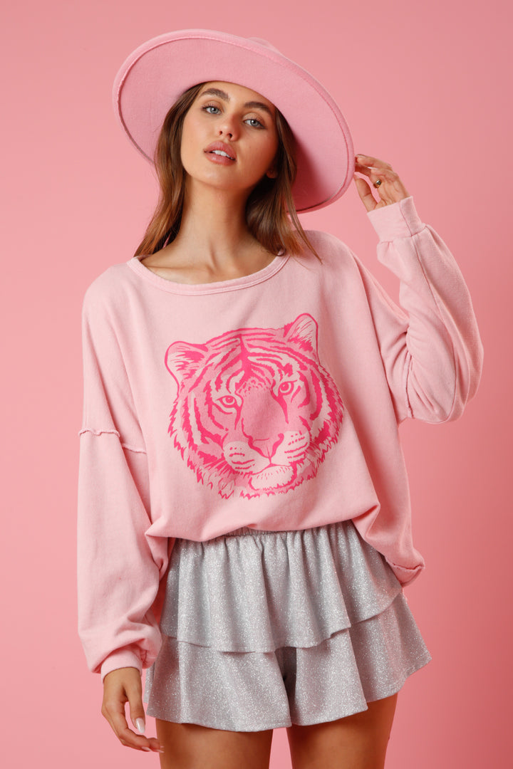 Tiger Face Print Washed Pullover Pink