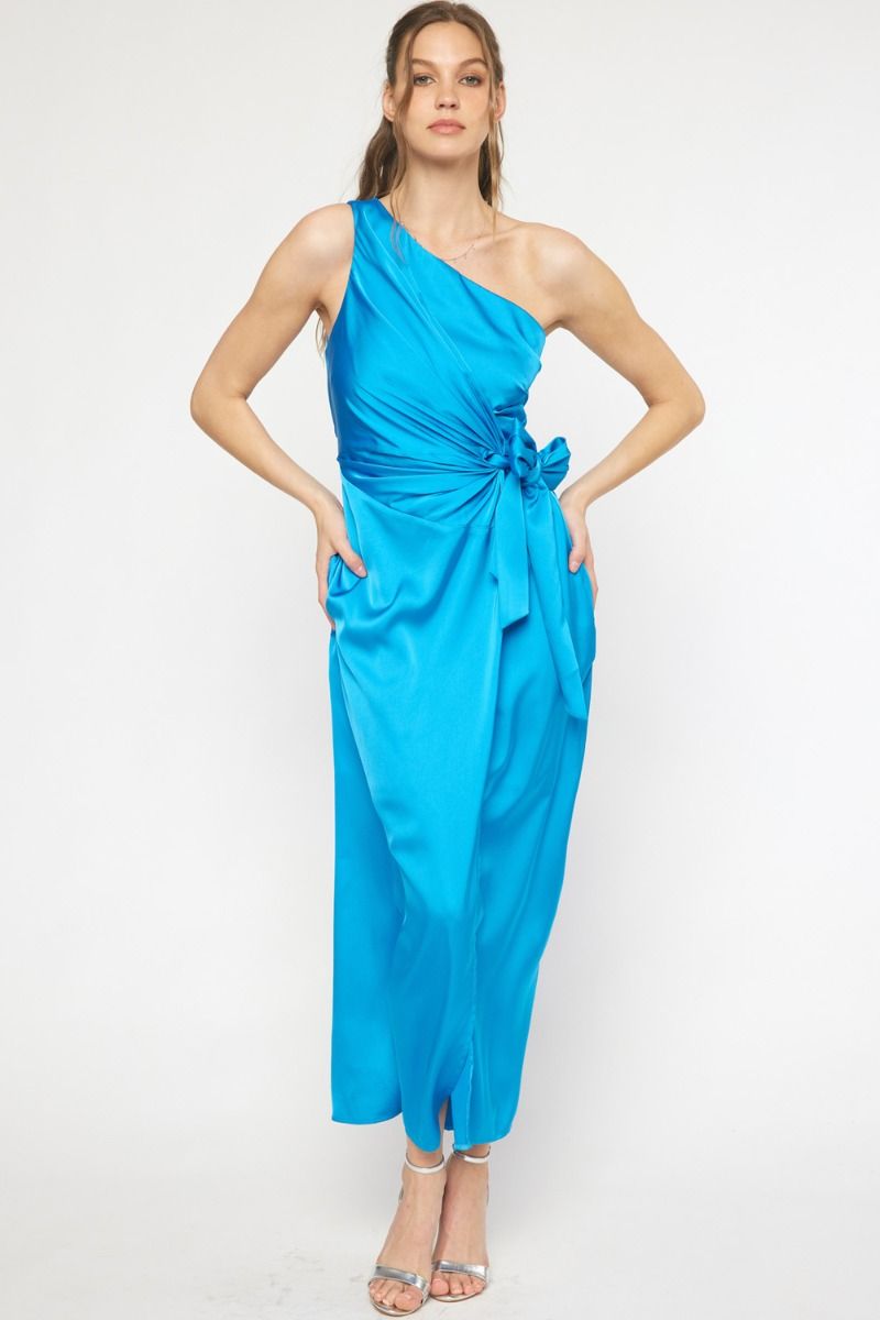 Satin One Shoulder Wrap Front Dress French Blue Studio South Clothing Co. Satin One Shoulder Wrap Front Dress French Blue Studio South Clothing Co.