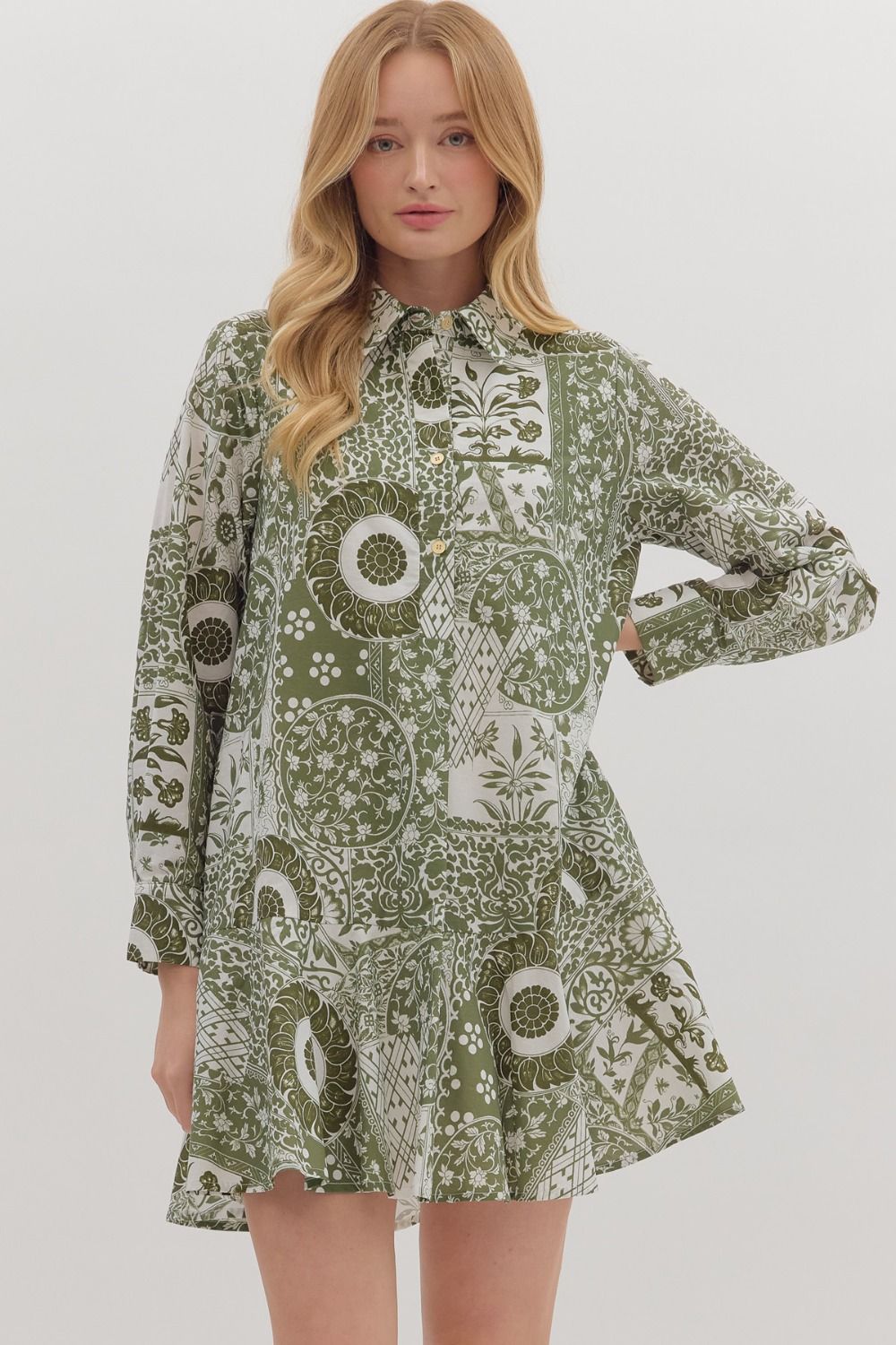 Botanical Print Olive and Cream Printed Dress