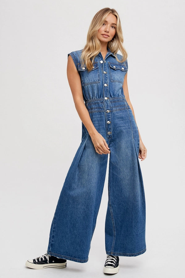 Denim Sleeveless Shirt Jumpsuit Medium Wash