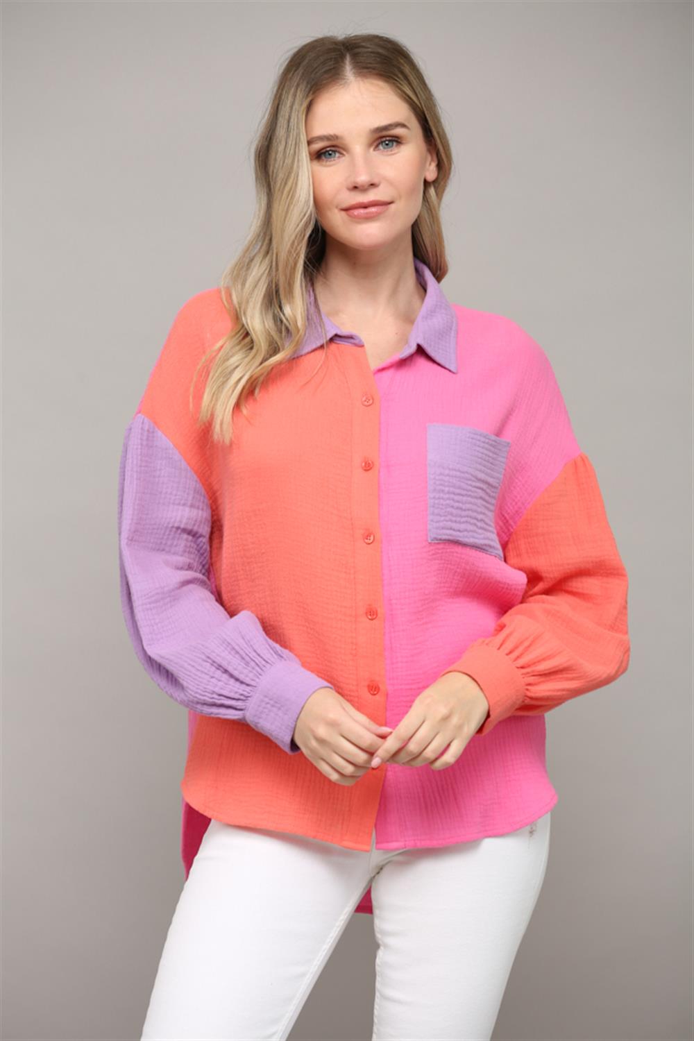 Colorblock Orange/Pink Button Down