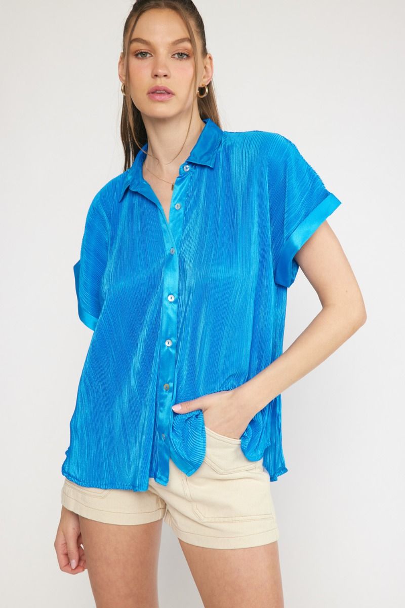 Pleated Satin Button Up Top