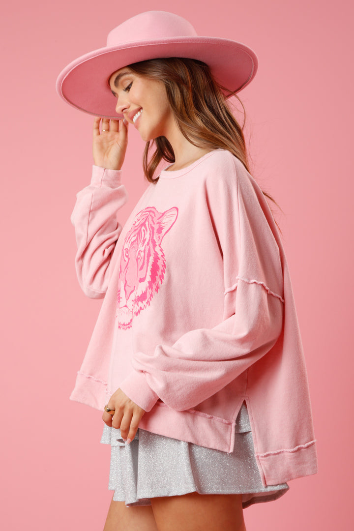 Tiger Face Print Washed Pullover Pink