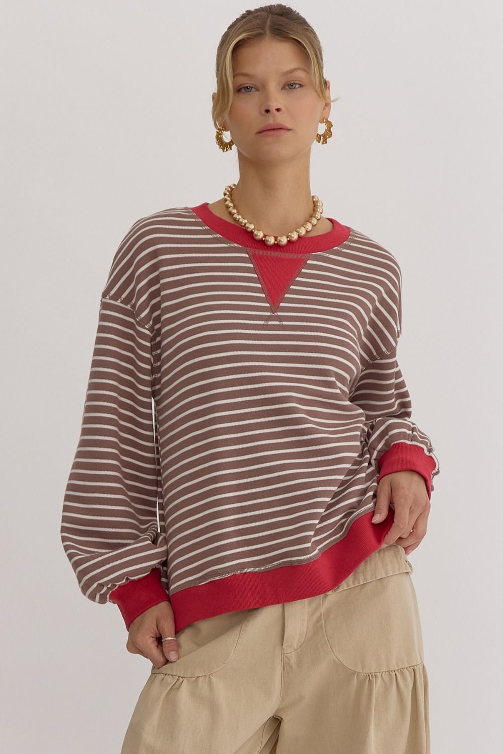 Where Are You Stripped Pullover Top Mocha