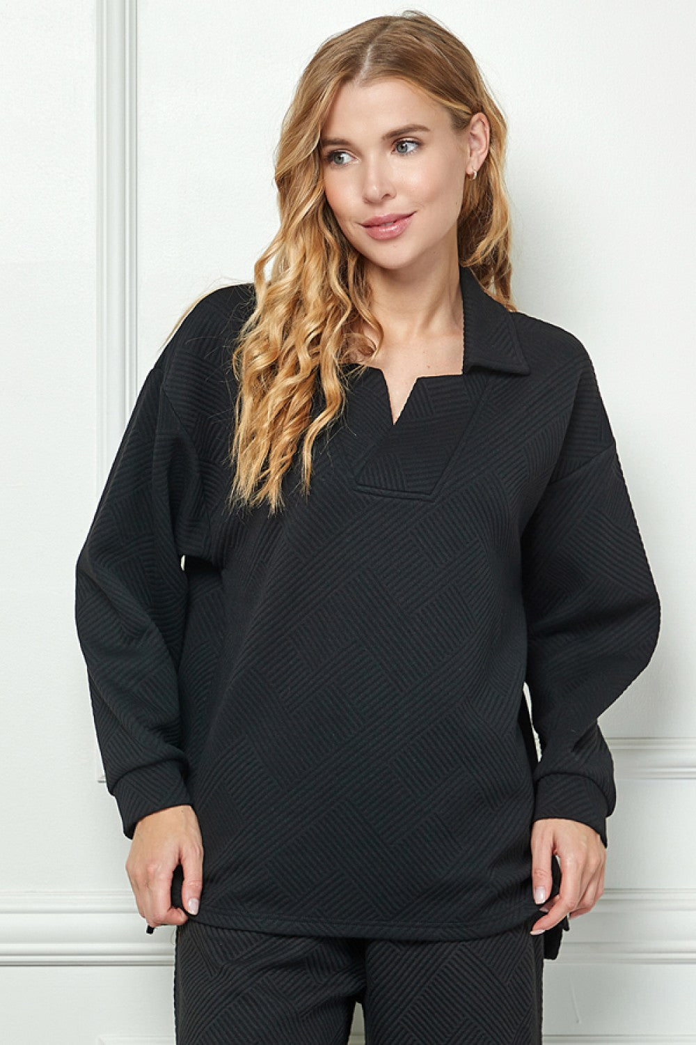 Everyday Textured Long Sleeve Collared Top
