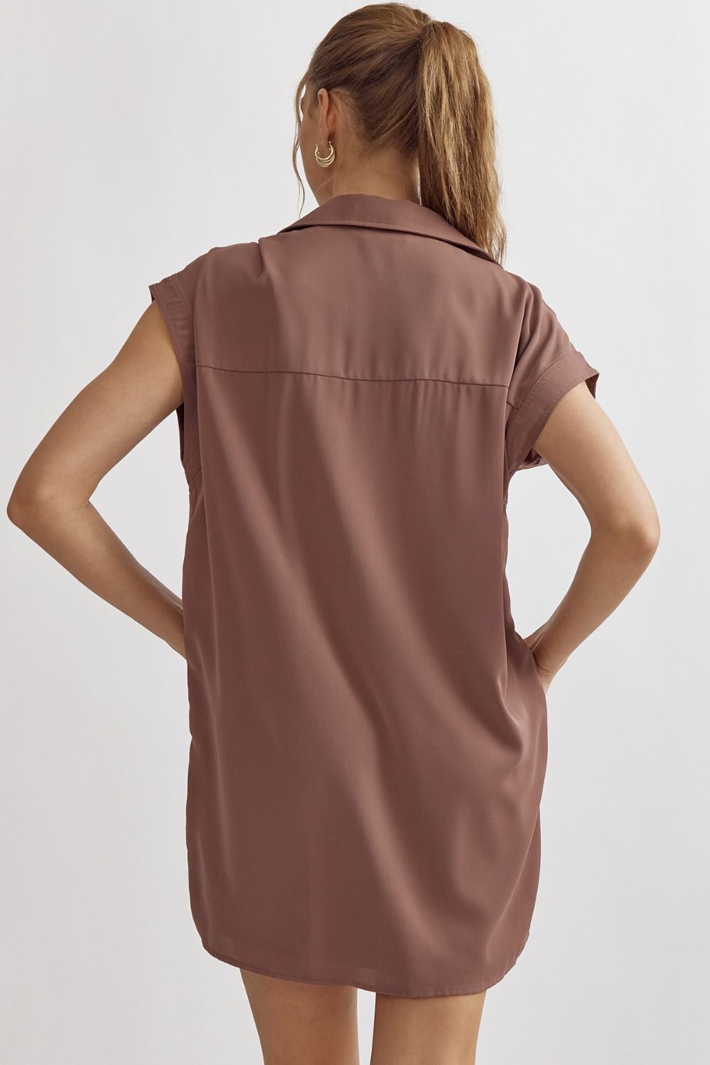Collared Short Sleeve Mini Dress with Button Detail Ash Brown