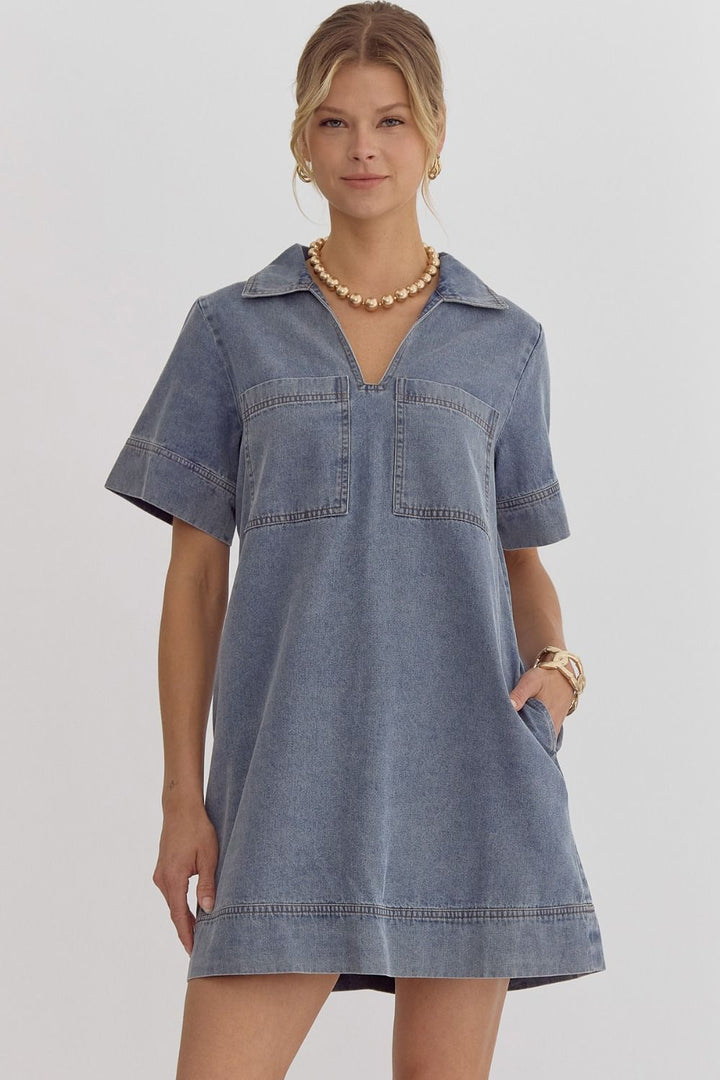 Collared Denim Short Sleeve Dress