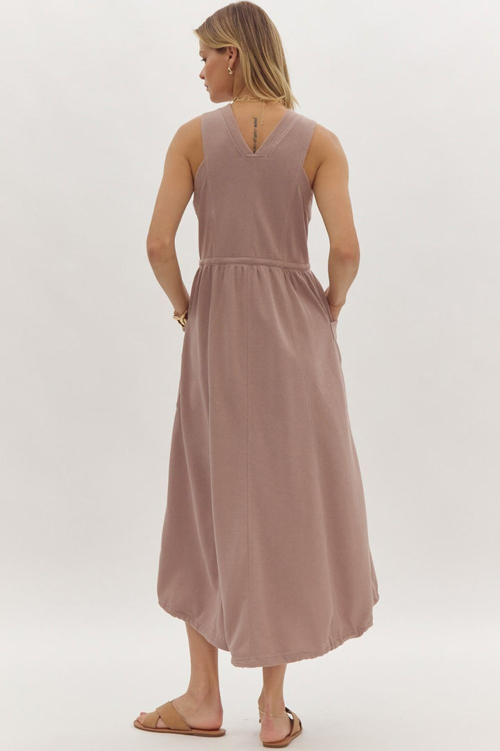 Solid Sleeveless V Neck Maxi Dress Mocha