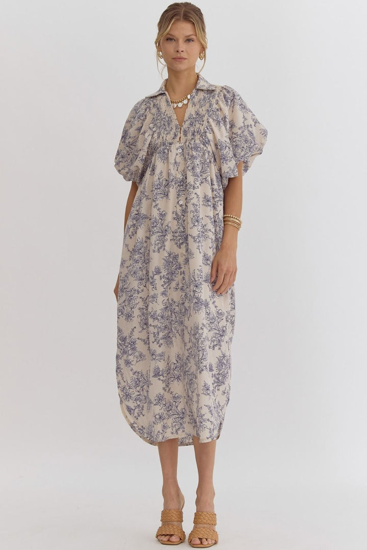 French Country Floral Print Midi Dress Ecru