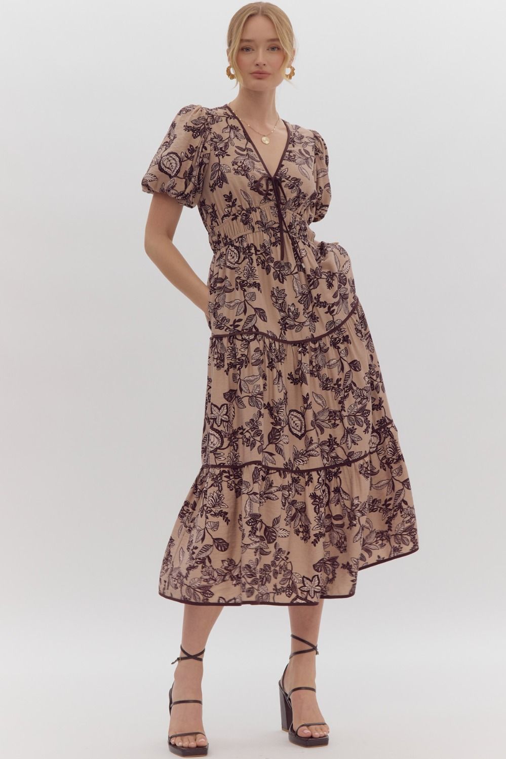 Must be Fall Printed Midi Dress Taupe