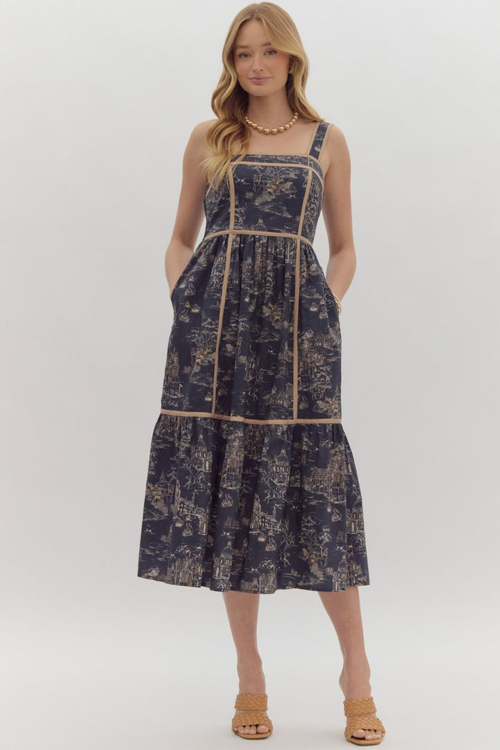 Toile Print Midi Dress Charcoal