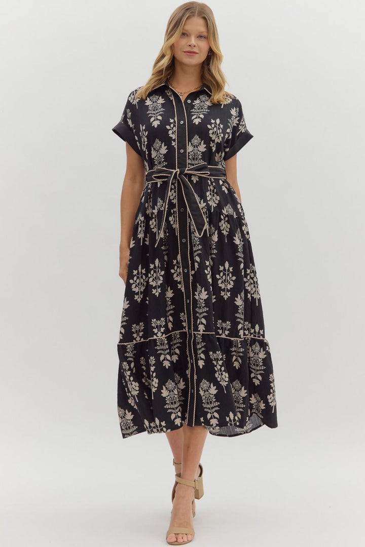 Botanical Patterned Black Midi Dress