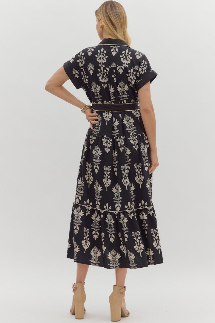 Botanical Patterned Black Midi Dress