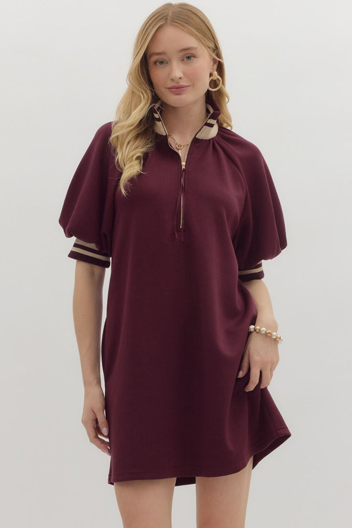 Burgundy Solid Mini Dress with Ribbed Trim Detail