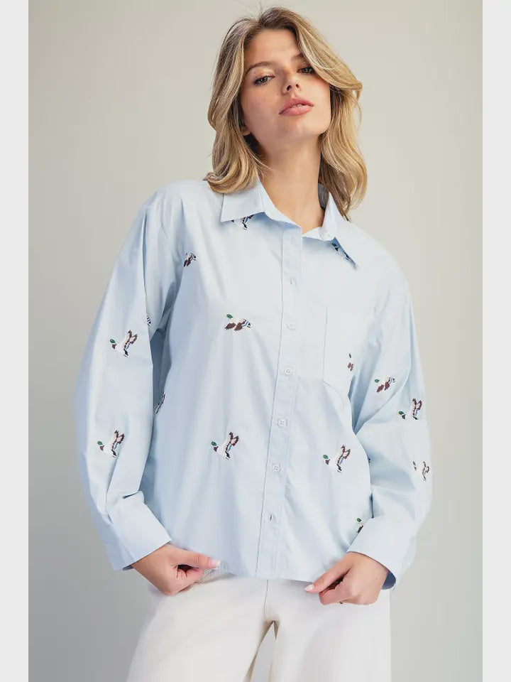 Embroidered Mallard Duck Button Down | Sky Blue