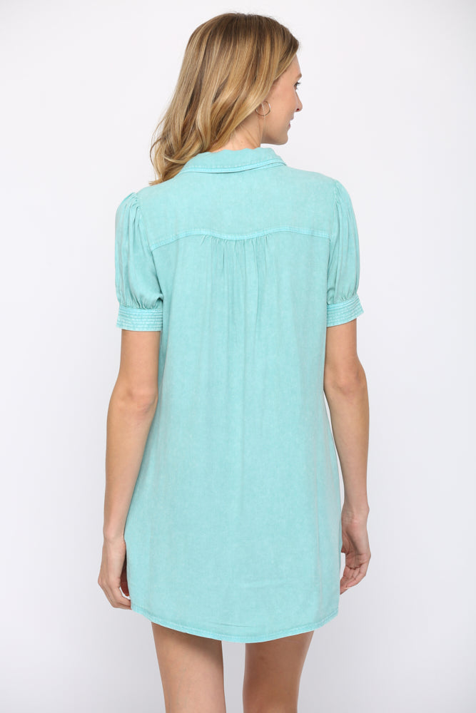 Washed Front Two Pocket Shirt Dress Turquoise