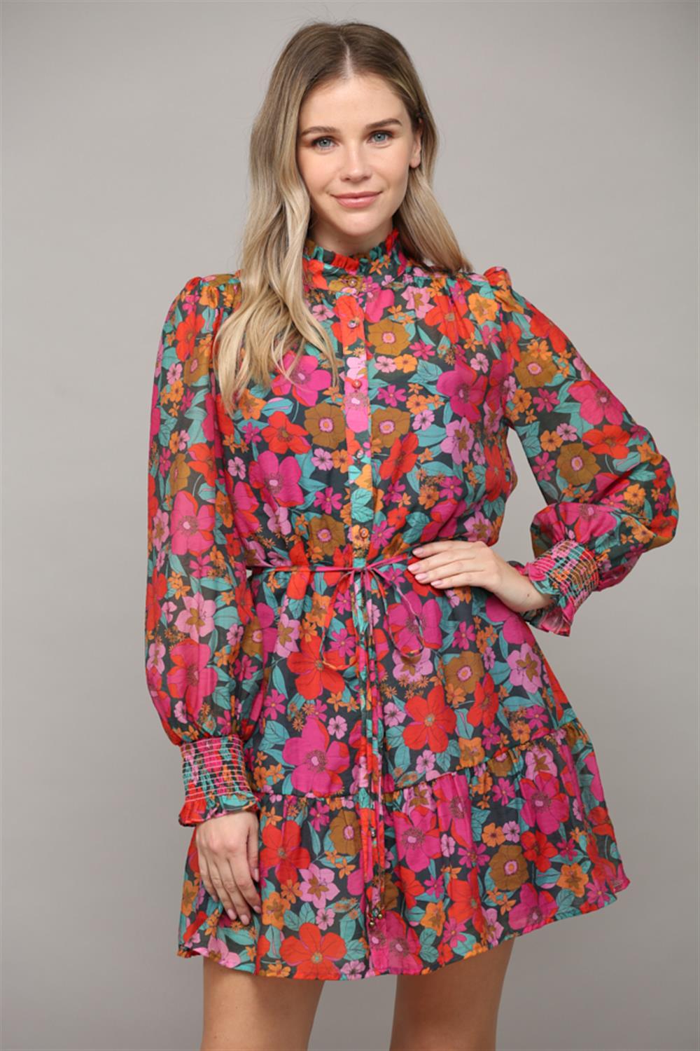 Fuchsia Multi Floral Dress with Tie