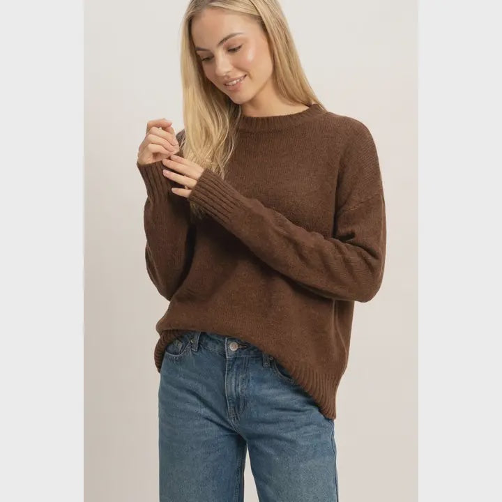 Ribbed Crew Neck Sweater | Brown