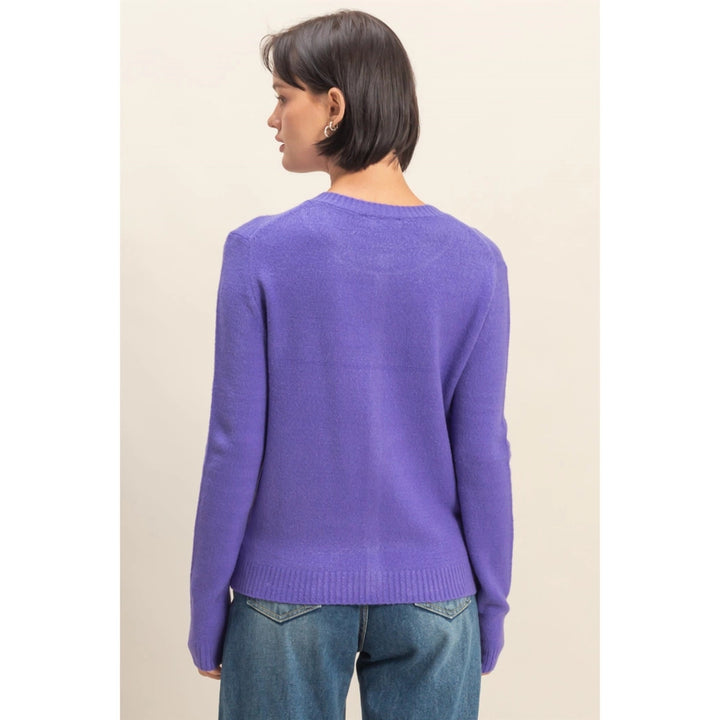Crew Neck Long Sleeve Buttoned Iris Purple Cardigan