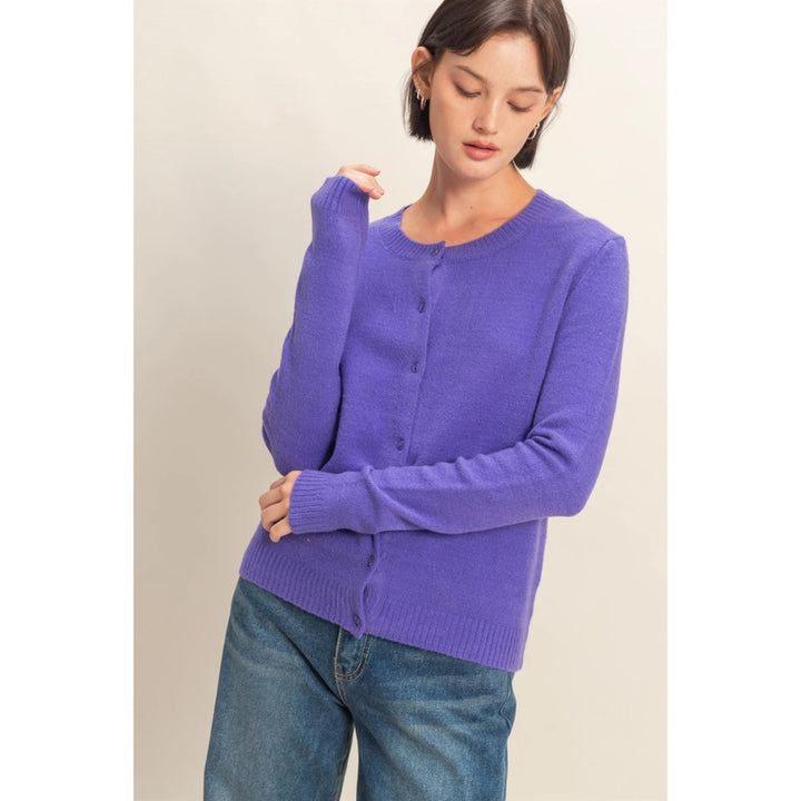 Crew Neck Long Sleeve Buttoned Iris Purple Cardigan