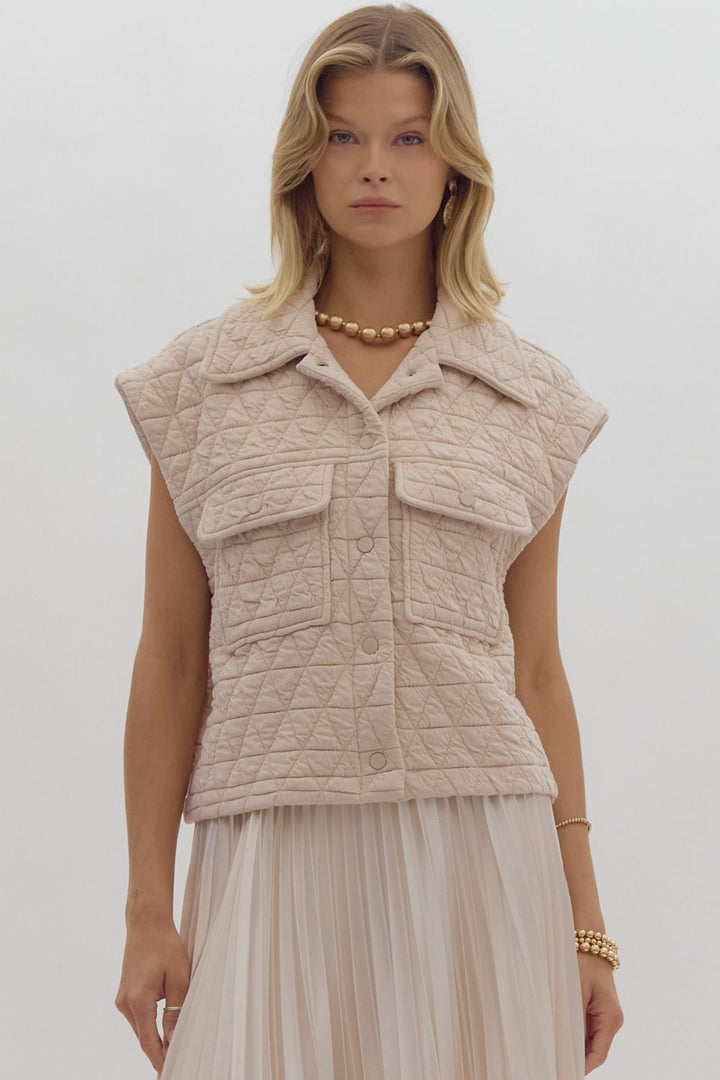 Quilted Collared Button Down Vest Ecru