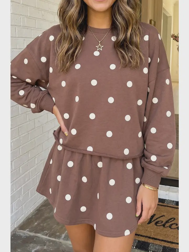 Las Polka Dot Casual Mini Skort Set Brown