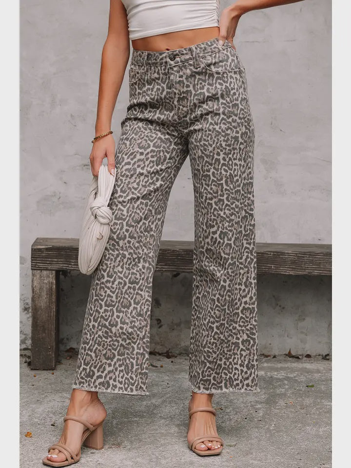 Las Leopard Frayed Wide Leg Jean