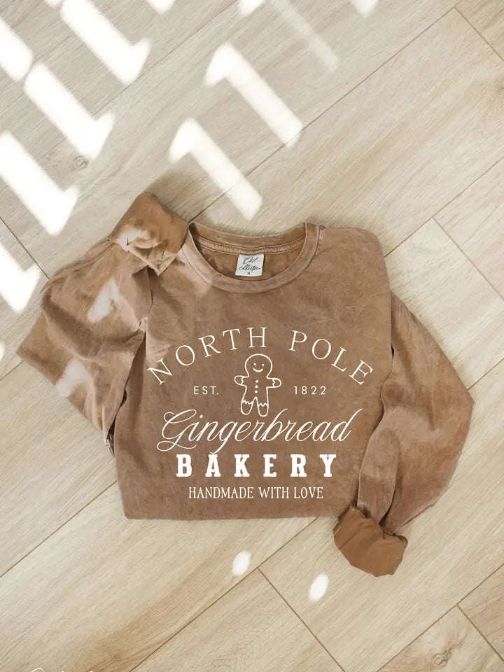 Oat Collective North Pole Gingerbread Mineral Washed Graphic Long Sleeve Tee