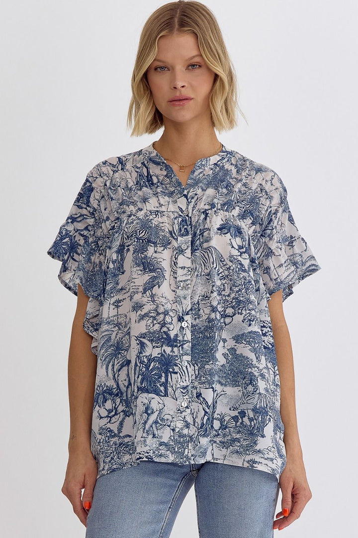Wild Printed Short Sleeve Button Up Top Blue