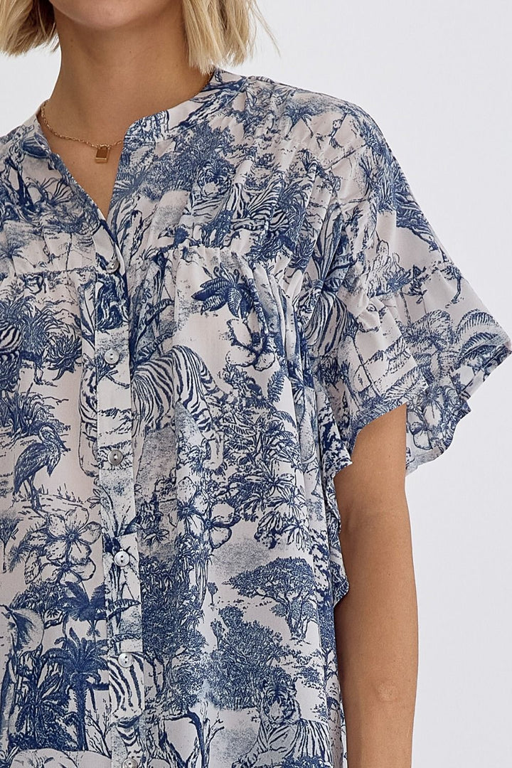 Wild Printed Short Sleeve Button Up Top Blue