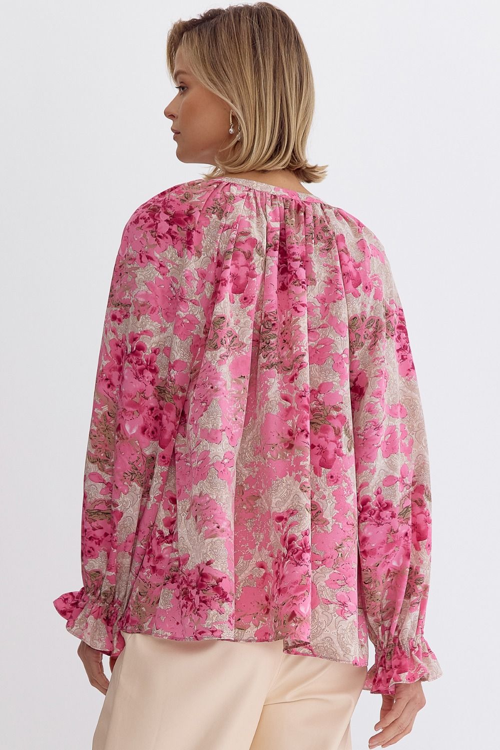Pink Floral Printed Long Sleeve Blouse