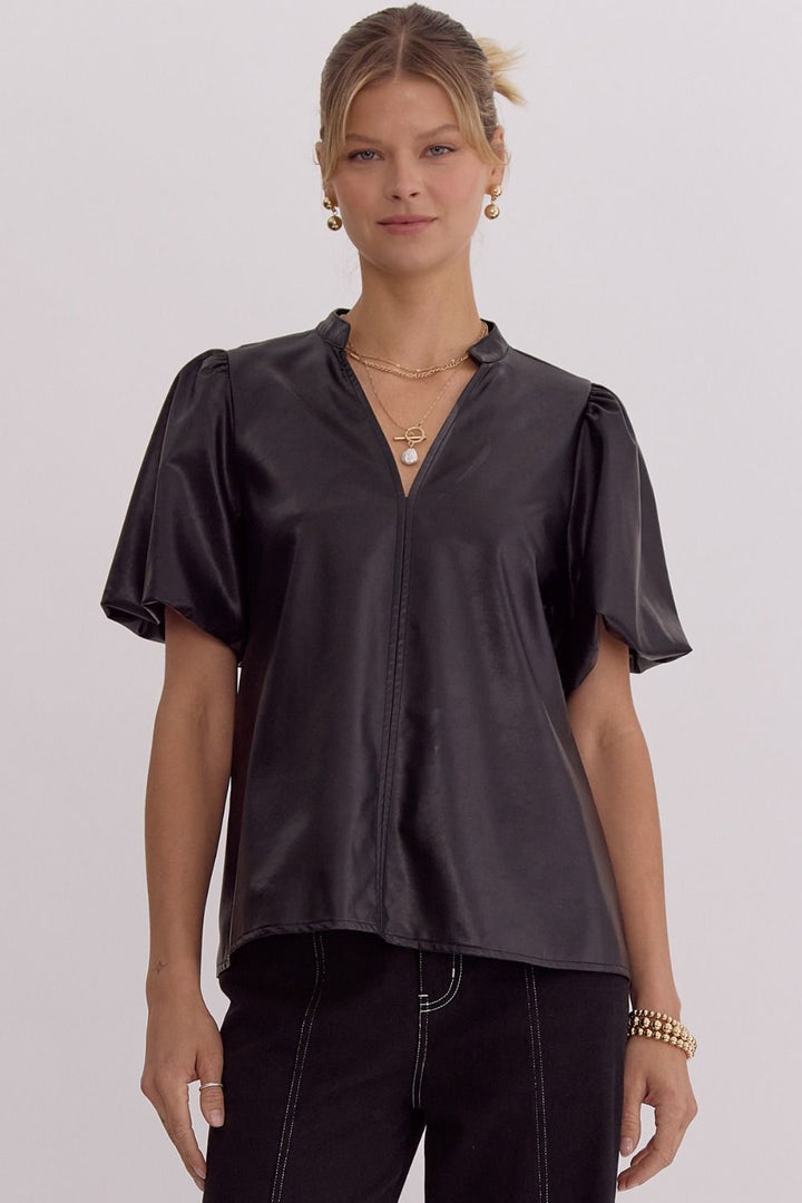 Faux Leather Bubble Sleeve V Neck Top