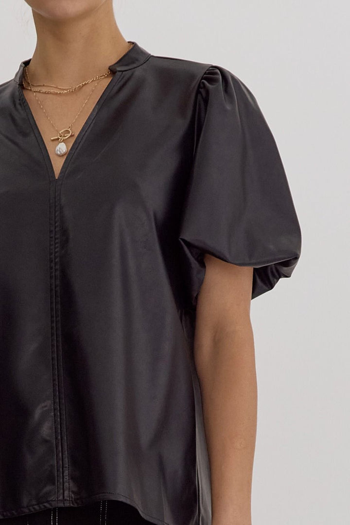 Faux Leather Bubble Sleeve V Neck Top