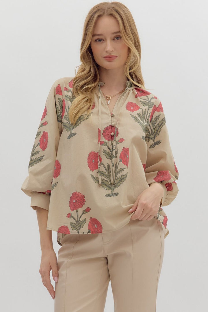 Floral Print Bubble Sleeve Ecru Top