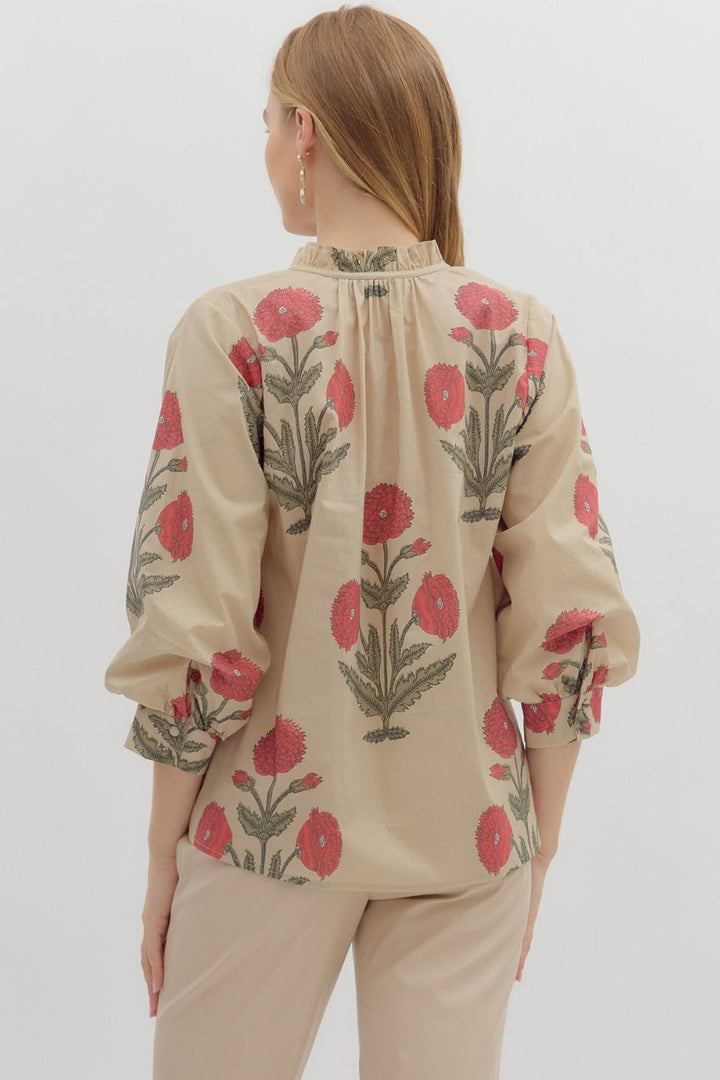 Floral Print Bubble Sleeve Ecru Top