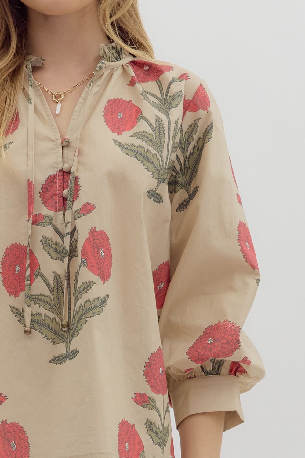 Floral Print Bubble Sleeve Ecru Top