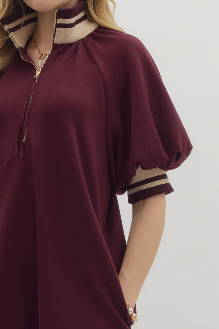 Burgundy Solid Mini Dress with Ribbed Trim Detail