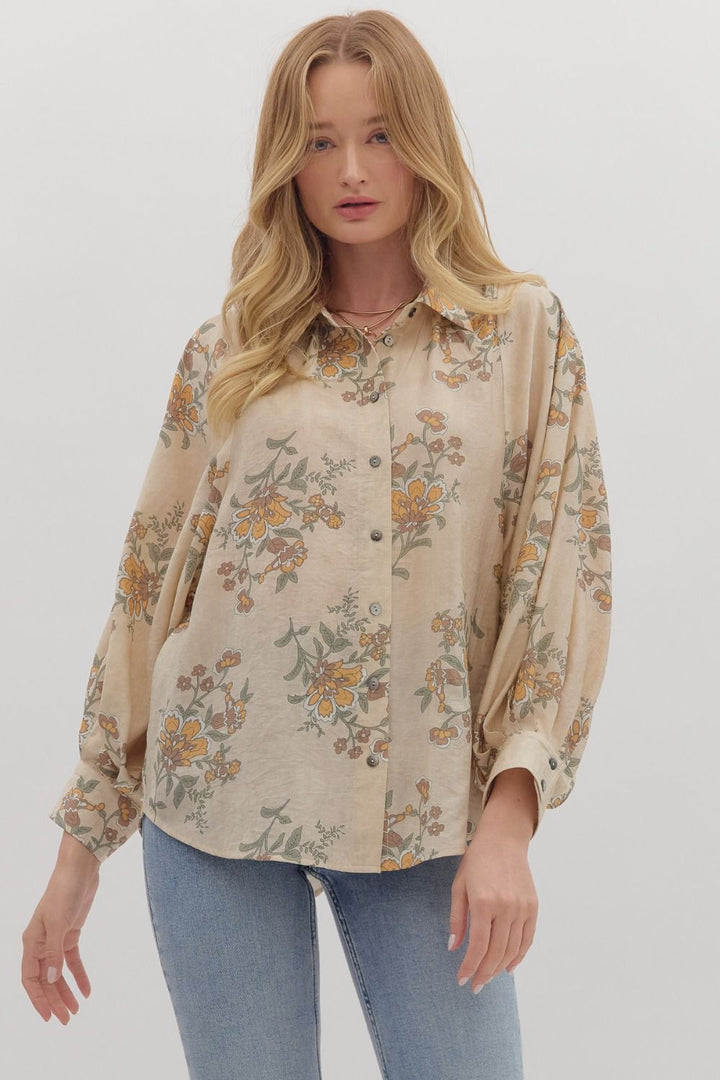 Floral Print Long Sleeve Button Front Blouse Ecru