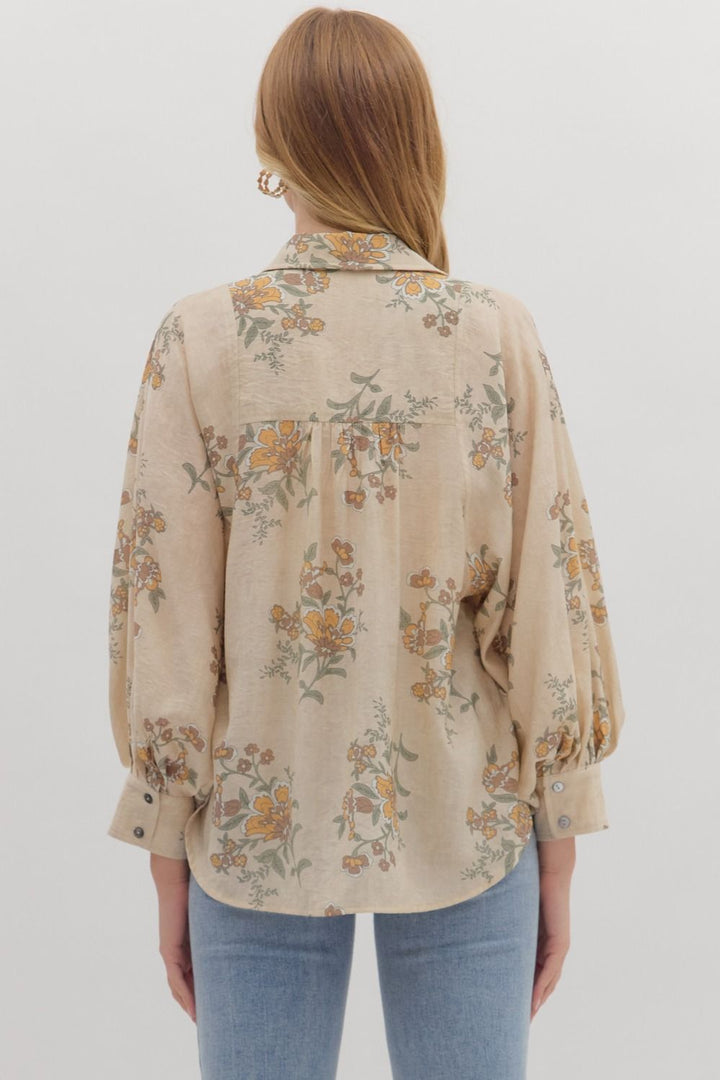 Floral Print Long Sleeve Button Front Blouse Ecru