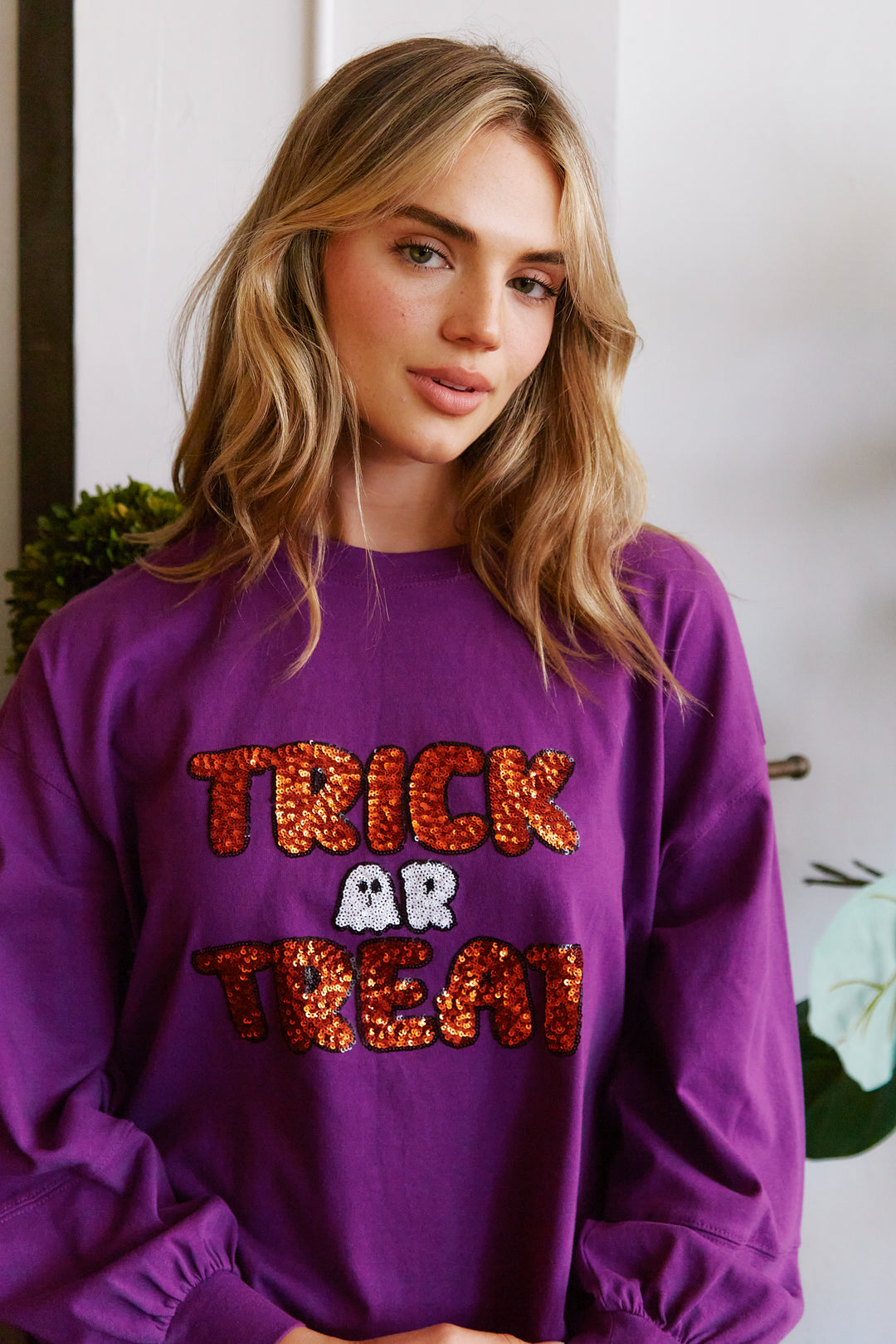 'Trick or Treat' Sequin Oversized Sweatshirt Purple