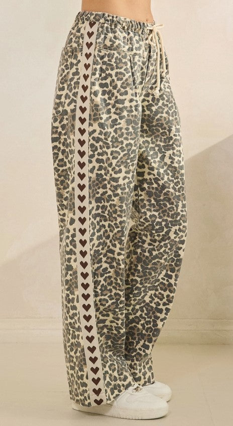 Leopard Side Stripe Brown Heart Wide Legged Pant