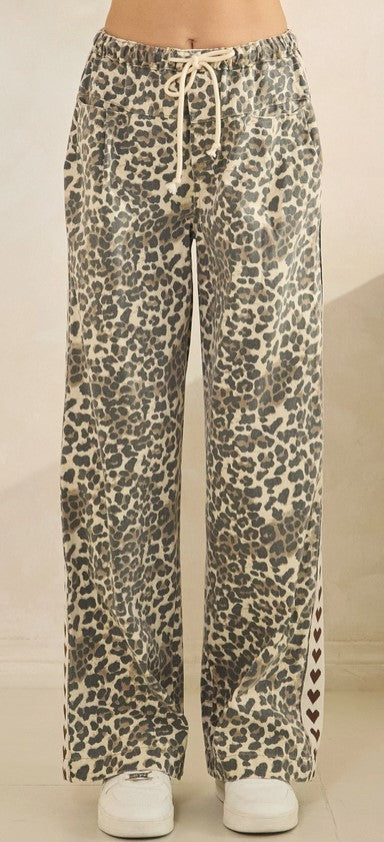 Leopard Side Stripe Brown Heart Wide Legged Pant