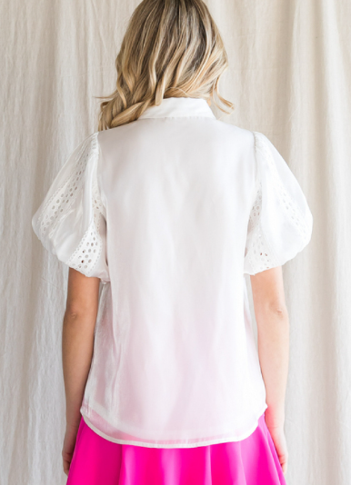 Glossy Lace Trim Button Up White
