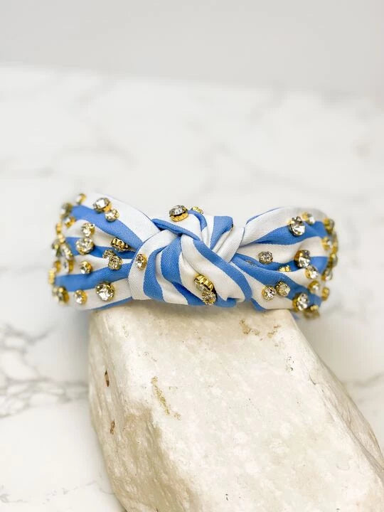 Knotted Jewel Striped Headband Blue