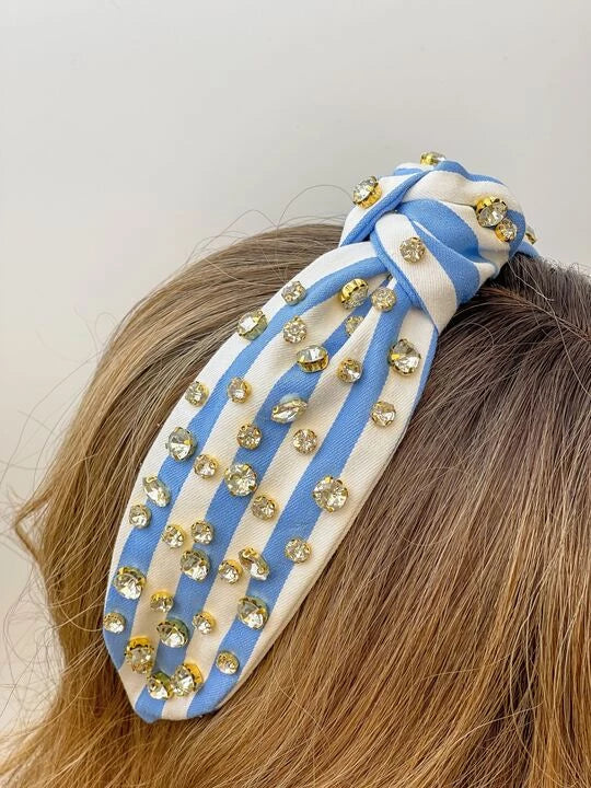 Knotted Jewel Striped Headband Blue