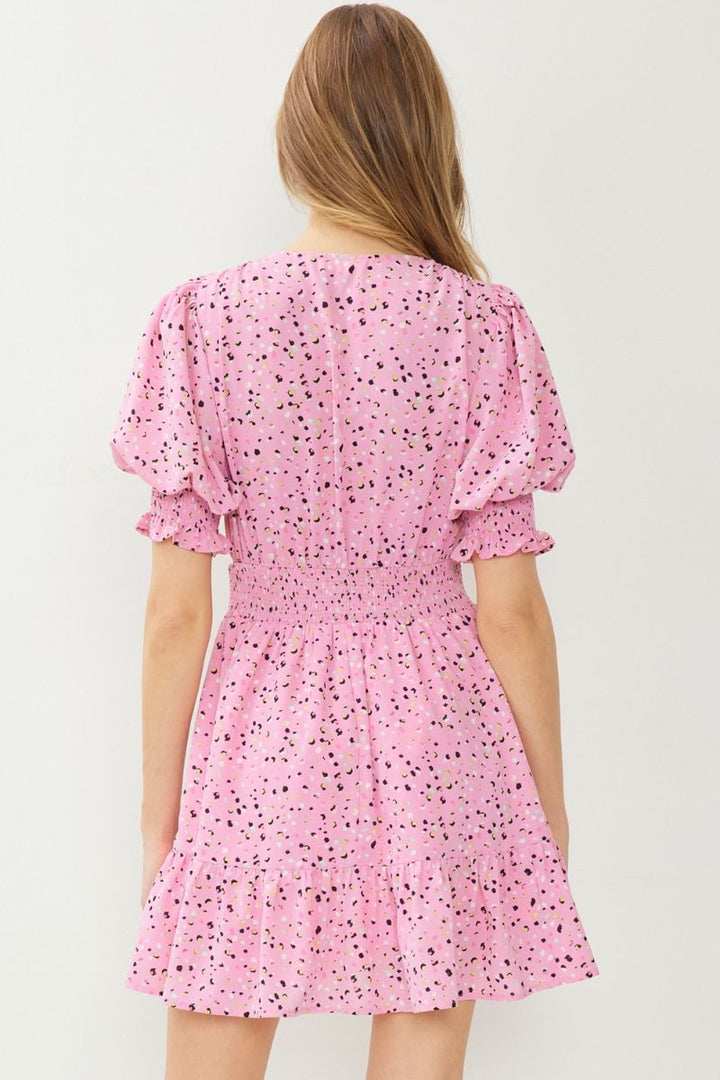 Dotted V Neck Dress Pink