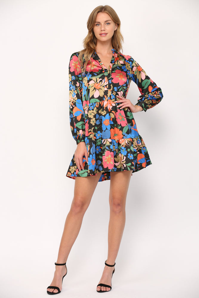 Finley Floral Print Satin Tiered Dress