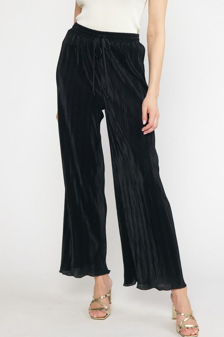 Pleated Satin Wide Leg Pant Black