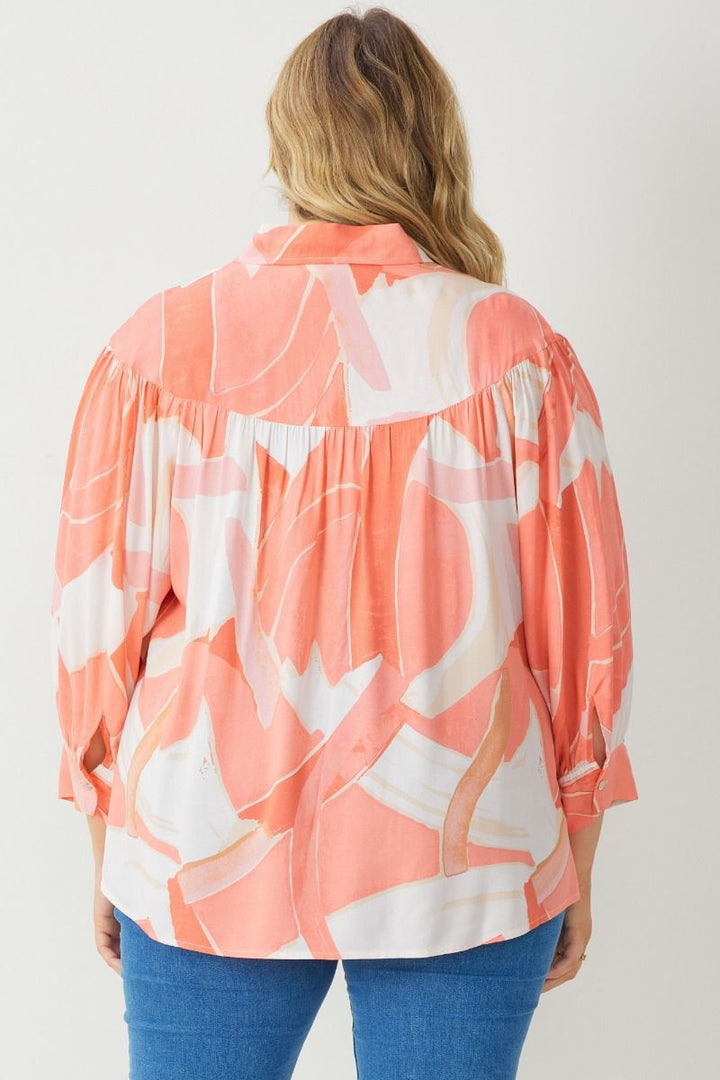 Coral Multi Print Collared Button Up Blouse